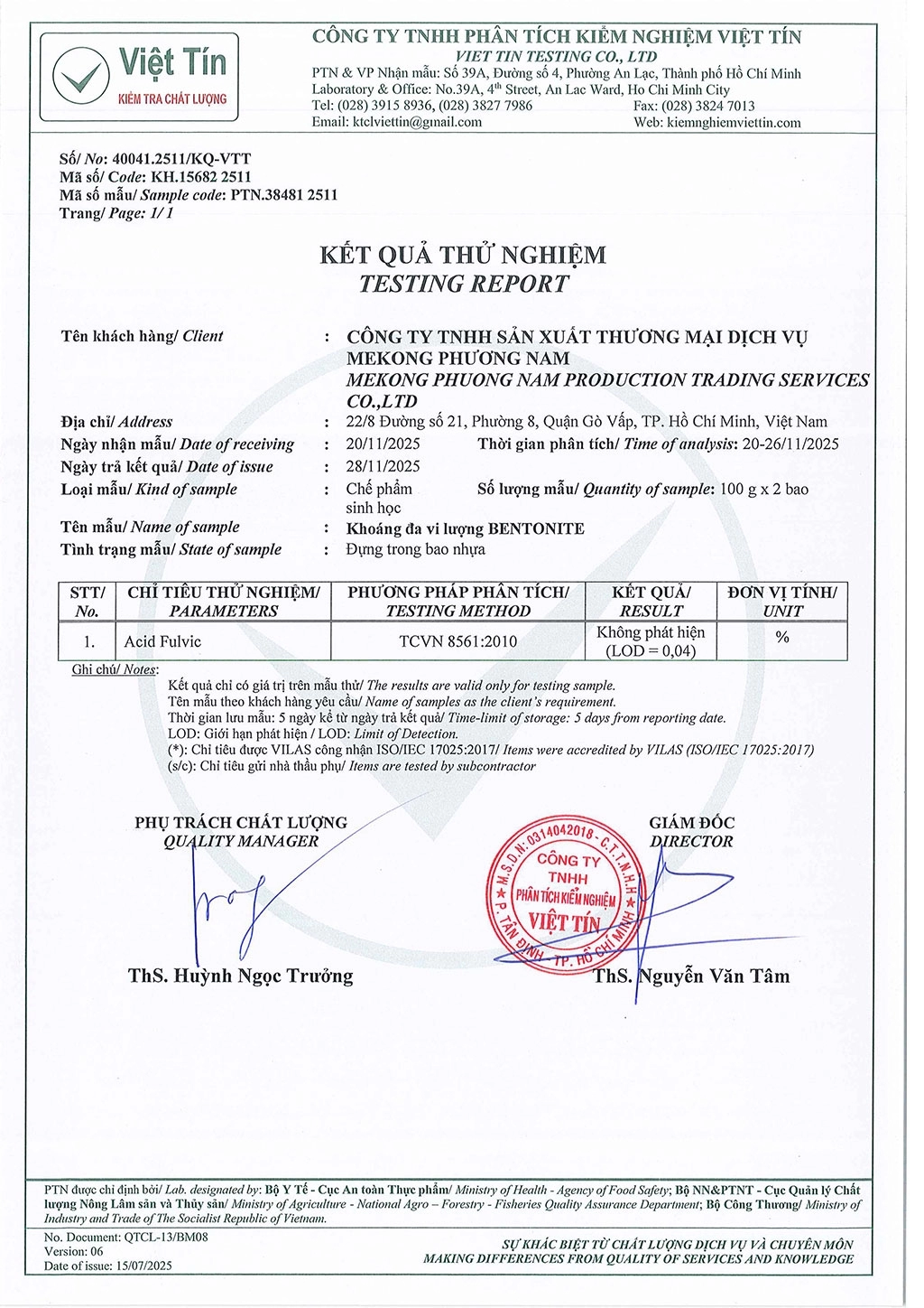 KẾT QUẢ THỬ NGHIỆM