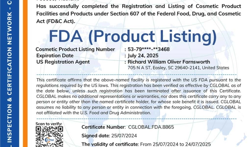 CERTIFICATE OF FDA REGISTRATION - CHỨNG NHẬN FDA CHO DOANH NGHIỆP XUẤT KHẨU VÀO THỊ TRƯỜNG MỸ